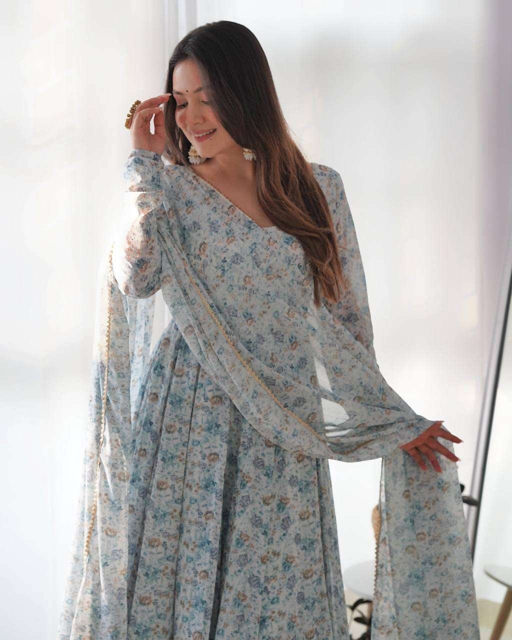 Womens Crunchy Silk Anarkali Kurti with Pant & Dupatta Set